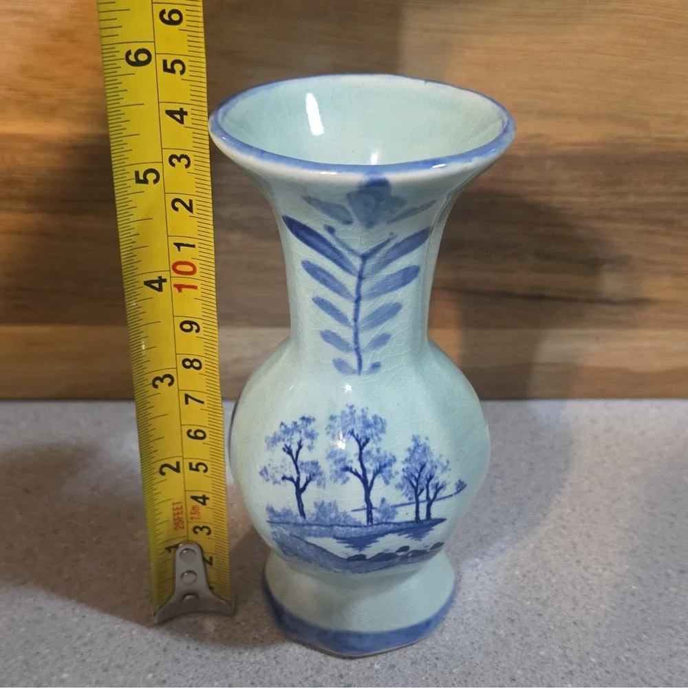 Blue & Light Blue Ceramic Vase, Japan, Scenic Windmill Landscape Design
